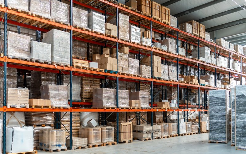 Stacked shelves in a freight warehouse