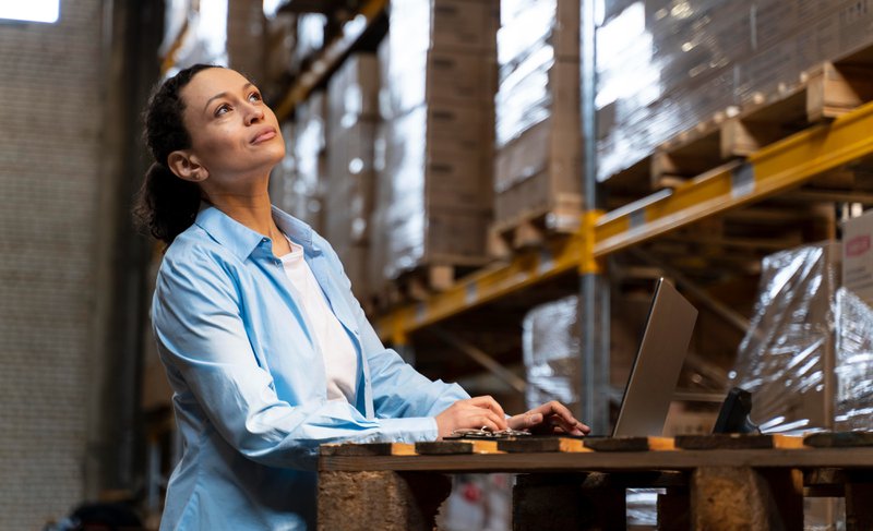 Warehouse employee using computer to check freight schedules