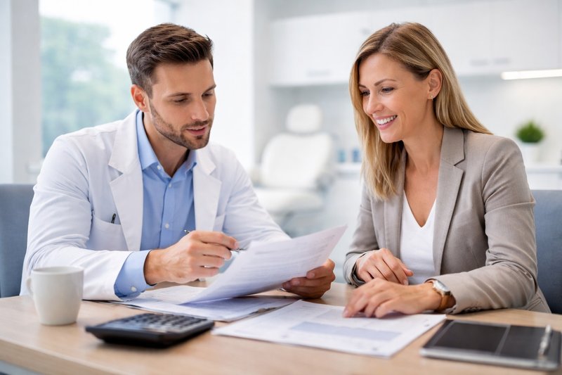 Dentist and consultant reviewing documents together in a modern dental office, discussing insurance or business decisions at a desk.