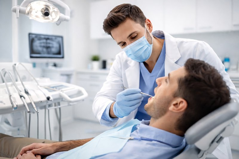 Dentist wearing a face mask and gloves examining a patient in a modern dental clinic, using dental tools under an overhead light.