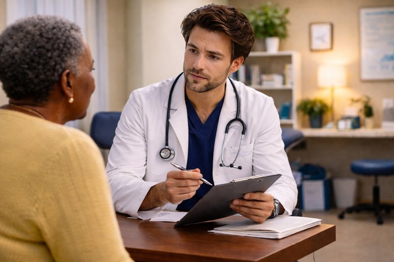 Doctor seated in a clinic, looking attentively to the left at a patient while holding a clipboard, engaged in a calm face-to-face consultation.