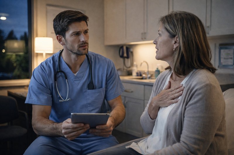 Doctor consulting with a patient in a small clinic setting during an evening shift, illustrating doctor moonlighting and real-world patient care outside a primary workplace.