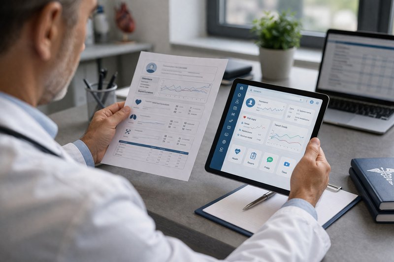 Doctor reviewing a tablet-based medical app alongside a printed patient report from an over-the-shoulder perspective in a clinical office