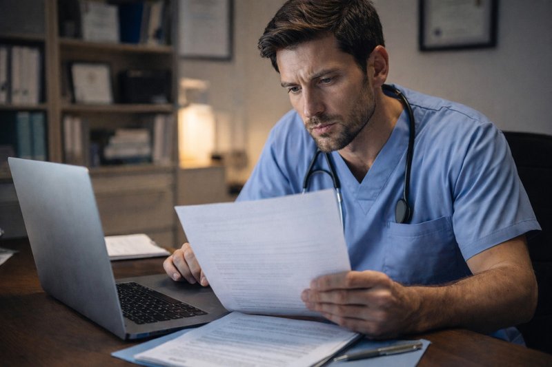 Doctor reviewing paperwork at a desk with a laptop in a clinical office, representing insurance review and coverage checks for doctor moonlighting work.