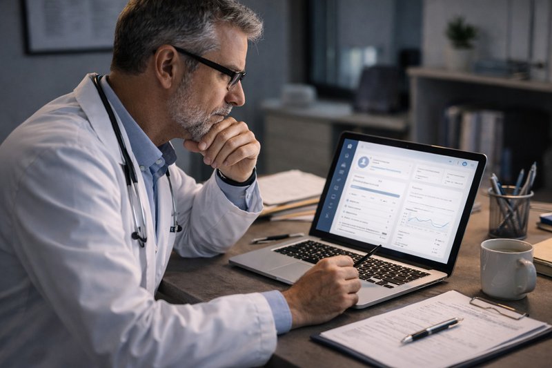 Doctor wearing reading glasses reviewing patient records on a laptop in a clinical office, with paperwork and notes on the desk