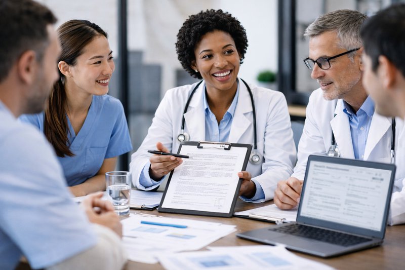 Healthcare professionals discussing documents together in a meeting, with a doctor holding a clipboard and others engaged in conversation