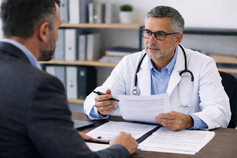 Medical director wearing glasses discussing insurance documents with a colleague in an office setting