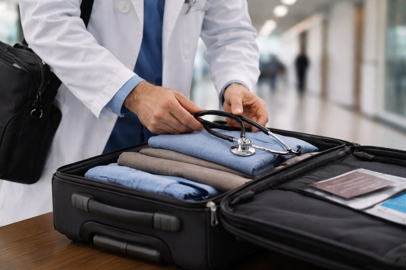 Doctor packing a suitcase with medical essentials in a hospital setting, preparing for a locum tenens assignment
