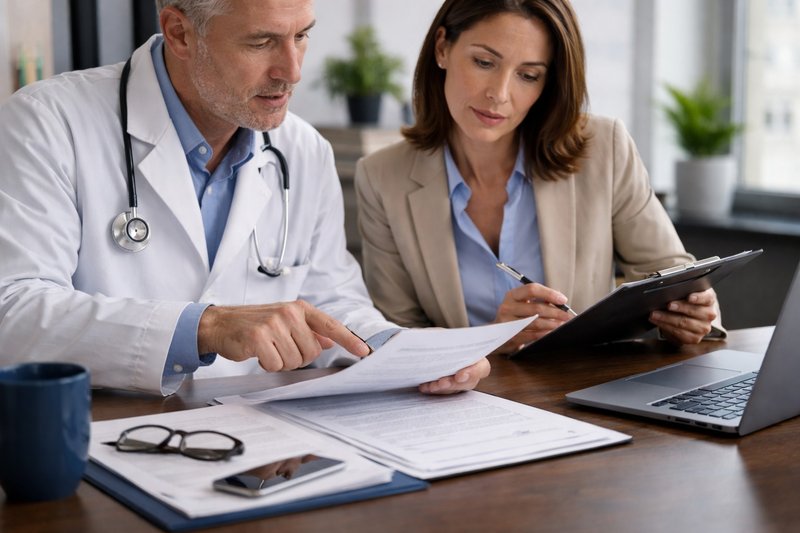 Doctor and advisor reviewing documents together at a desk, discussing malpractice or insurance coverage with a laptop and paperwork visible