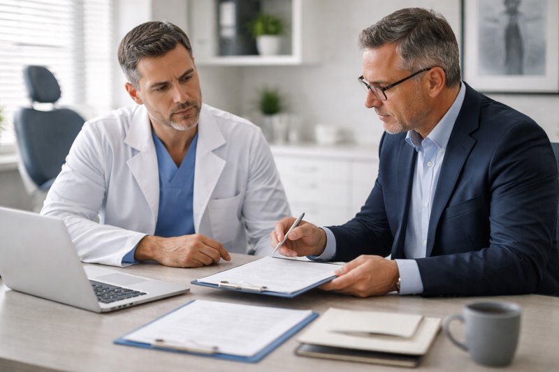 Dentist and insurance advisor review documents together in a modern office, discussing policy details at a desk with a laptop and paperwork.