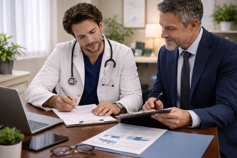 Doctor signing documents at a desk while consulting with a suited advisor, reviewing paperwork together in a professional office setting.
