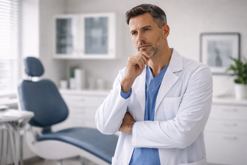 Dentist in a modern clinic stands with a thoughtful expression, hand on chin, reflecting while a dental chair and equipment sit in the background.