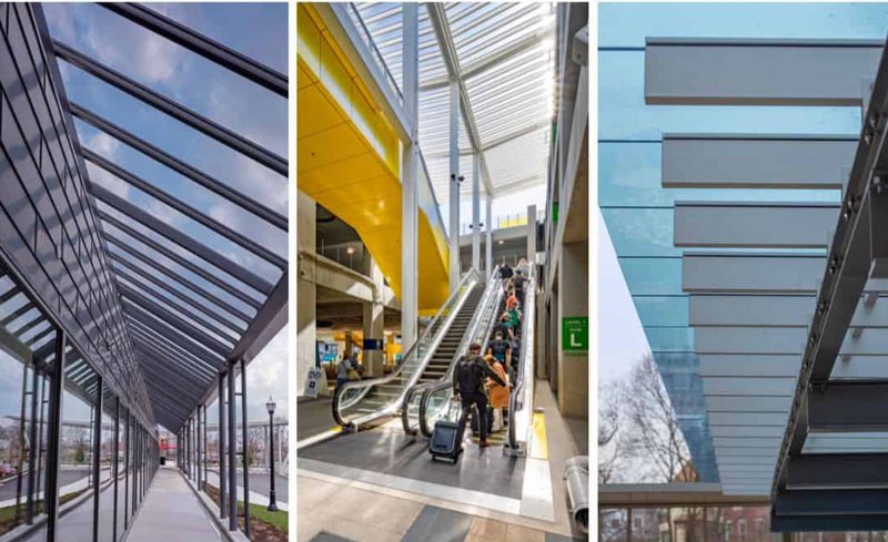 A three-panel image: Left, an exterior view looking down a long, glass-covered pedestrian canopy next to a glass wall with a cloudy sky above.