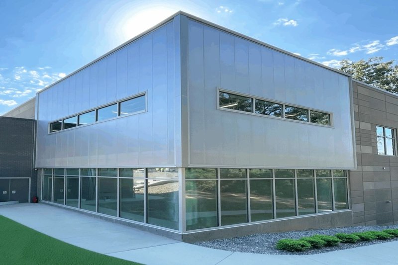 A modern silver building with a reflective glass Curtainwall.