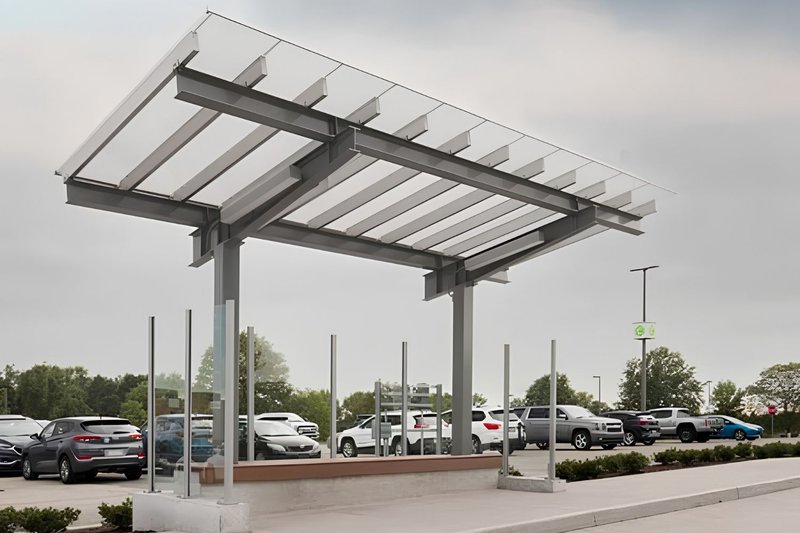 A transit station featuring the SKYSHADE 8000 Polycarbonate Canopy system.