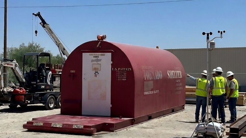 A Red Dog portable storm shelter. A crane and excavator are visible in the background, and several individuals in hard hats and safety vests are gathered near the shelter, with one pointing towards it.