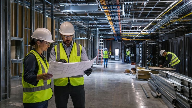 Safety professionals reviewing facility blueprints inside a build-out for Emergency Management for Data Centers.