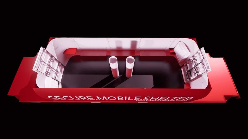 Internal rendering of a mobile safe room highlighting dual entry doors and reinforced vertical air shafts for high-capacity storm shelter ventilation.