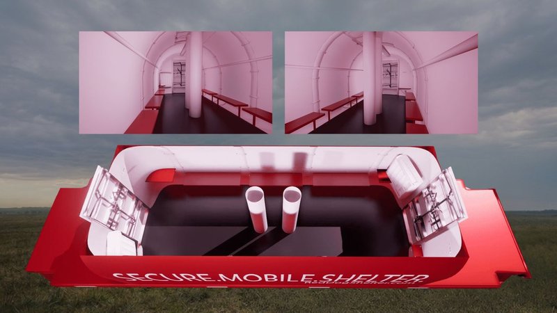 A 3D rendering of a mobile shelter showing interior vent tubes designed for Storm Shelter Ventilation.