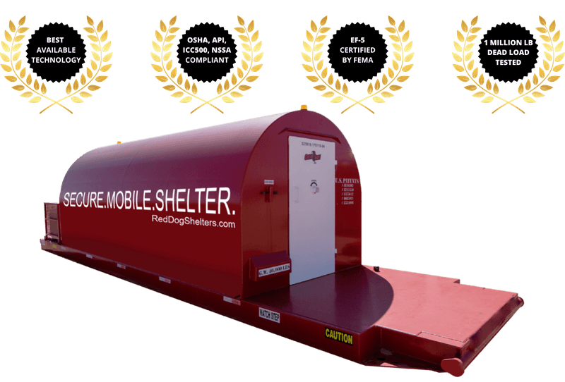 A red Red Dog industrial storm shelter is shown against a black background, framed by four gold laurel wreaths highlighting its certifications.