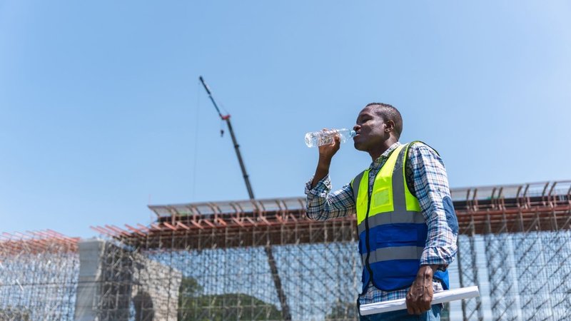 A construction worker drinking water on a hot job site, showing the need for a Mobile Cooling Station.