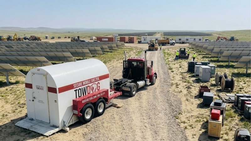 Workers standing near a mobile unit on-site to ensure Solar Farm Construction Safety.