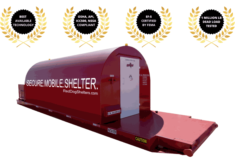 A red Red Dog industrial storm shelter is shown against a black background, framed by four gold laurel wreaths highlighting its certifications.