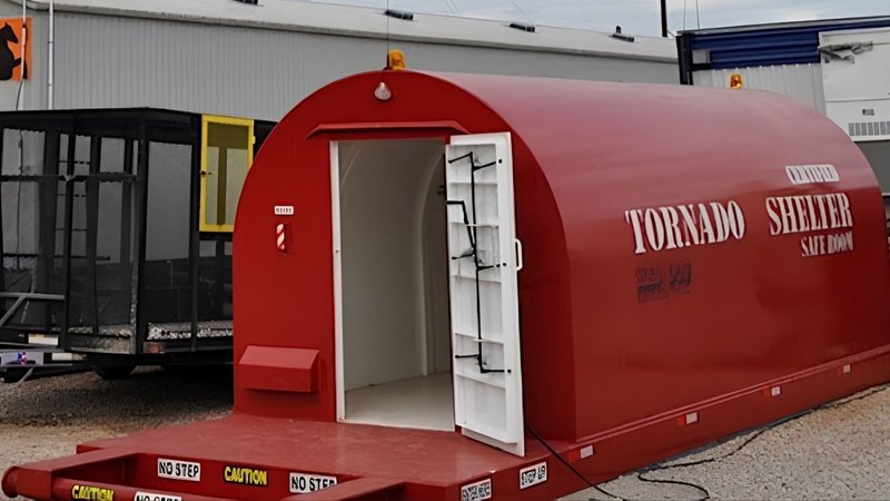 A Red Dog mobile sheltert with its doors open sits on a trailer next to a gray modular building.