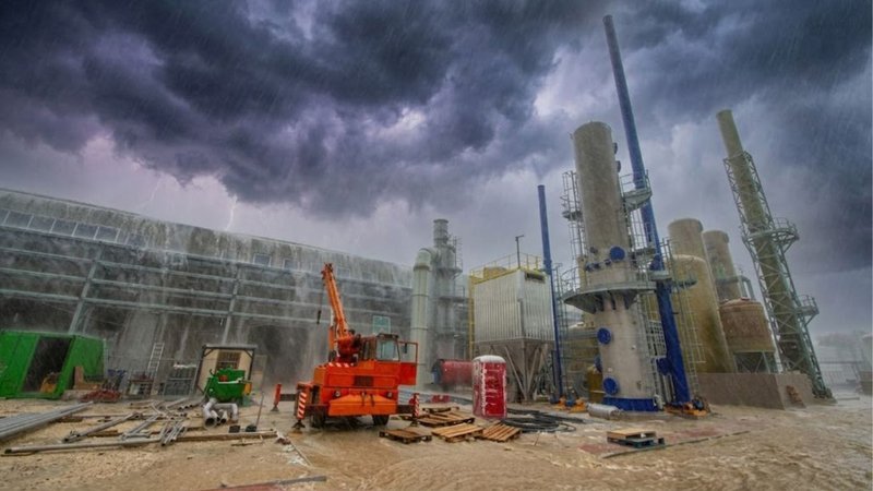 An industrial site facing lightning and severe weather, highlighting the need for Data Center Resilience Strategies.