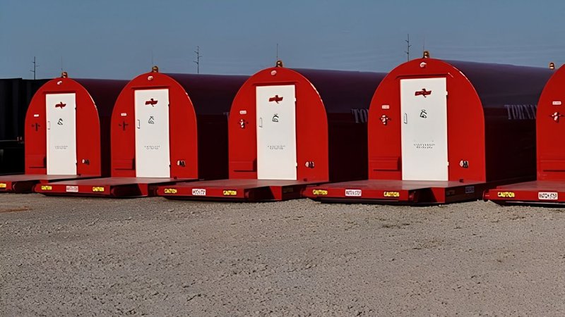 A row of portable shelter units parked on a gravel lot, supporting Data Center Site Selection Safety.