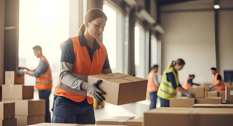 a female worker carrying a small box