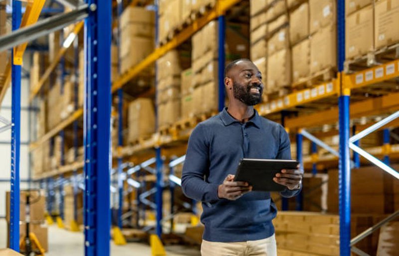 a worker checking inventory in the warehouse