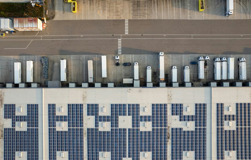 An aerial view of an industrial delivery yard for semi deliveries