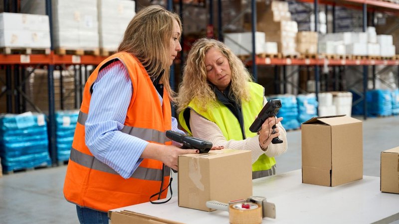 Two warehouse employees processing boxes, illustrating the risk of inaccurate asset records from faulty equipment.