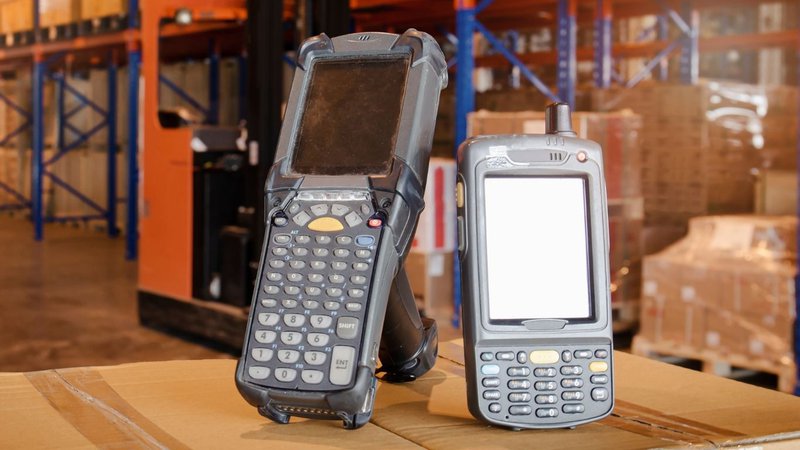 Two handheld industrial scanners used in warehouses sitting on cardboard boxes.