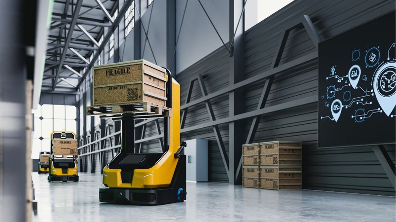 Autonomous forklifts moving inventory tracked on a digital screen by supply chain visibility tools.
