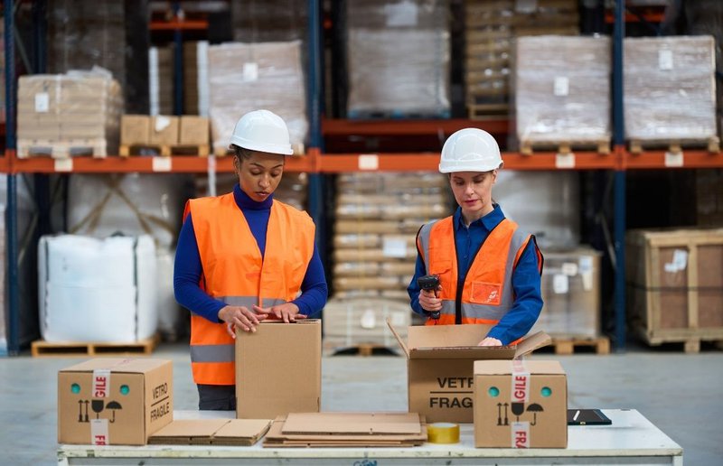 warehouse workers checking boxes before automated handling