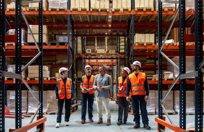 warehouse team with manager talking about scheduling and scanning for daily cycle counts