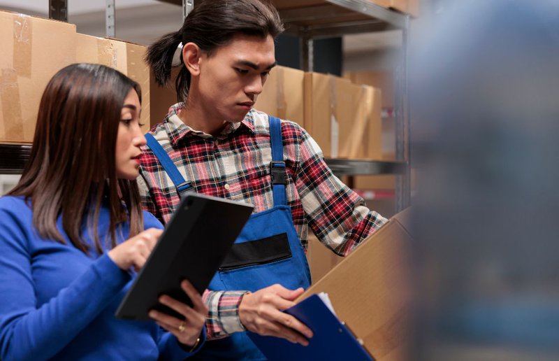warehouse staff checking supply chain inventory