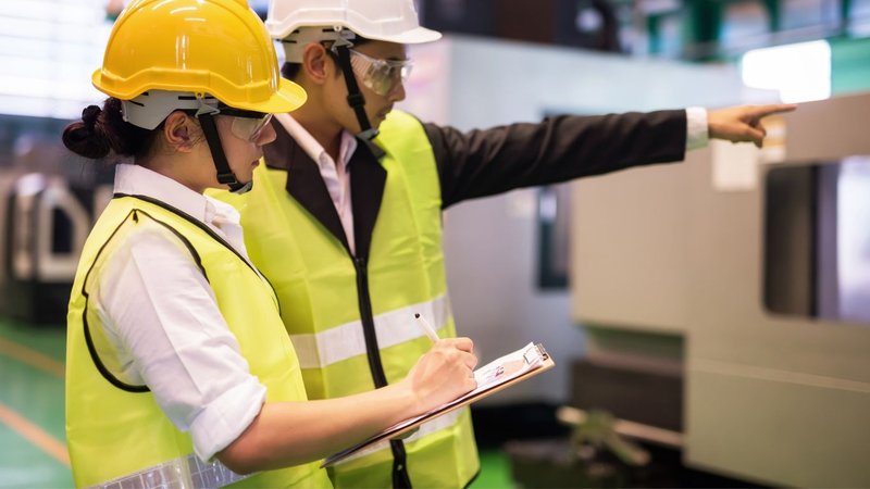 Two logistic workers in high-visibility vests inspecting equipment for safety and compliance.