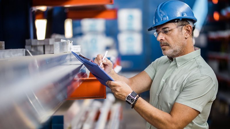 A warehouse worker auditing inventory with a clipboard to maintain safety and compliance.