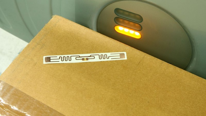 A close-up of a cardboard box tracking label featuring an rfid heat resistant tag.