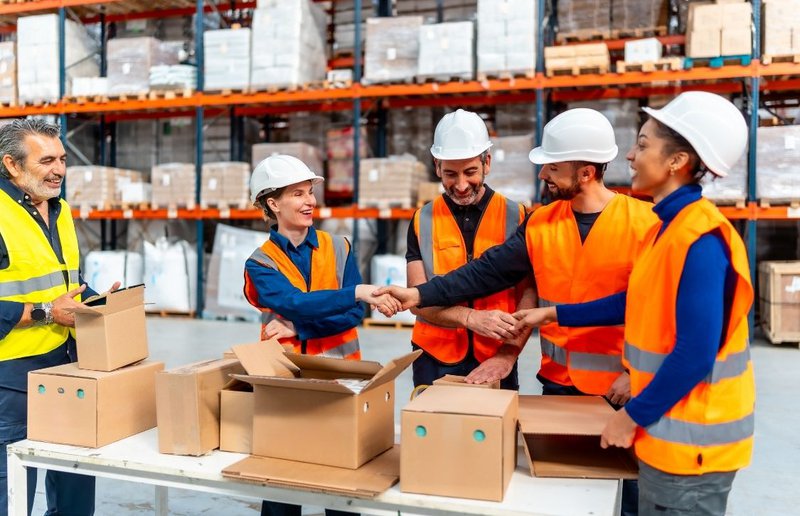 team of warehouse staff working together