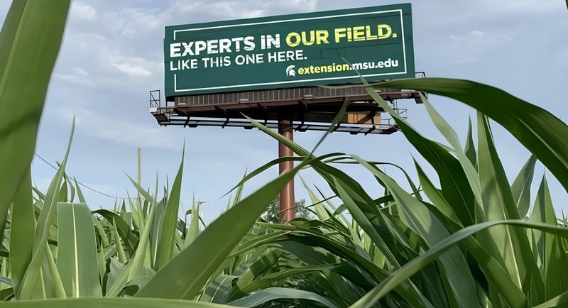 An outdoor billboard placed near a field with clear messaging and strong sightlines.