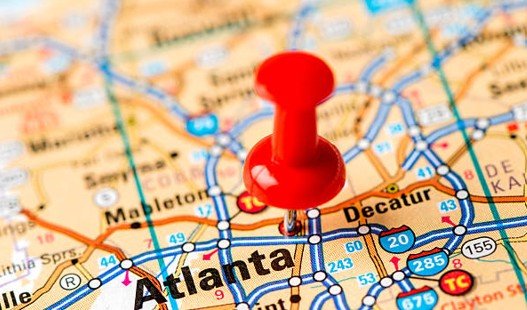 A map pin placed on Atlanta, Georgia, highlighting local service from an Atlanta billboard agency