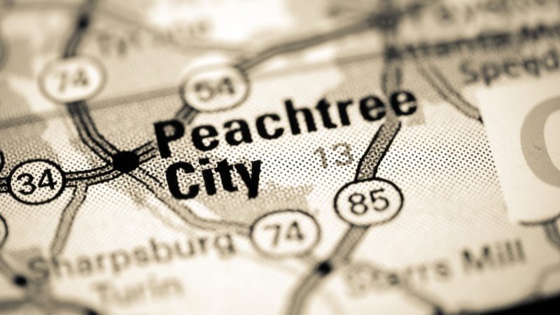 A map showing Peachtree City near key metro Atlanta corridors relevant to renting billboards in Gwinnett and surrounding markets.