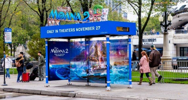 A transit shelter movie wrap promoting a theatrical release, showing how short-term billboard rental can support limited-time campaigns