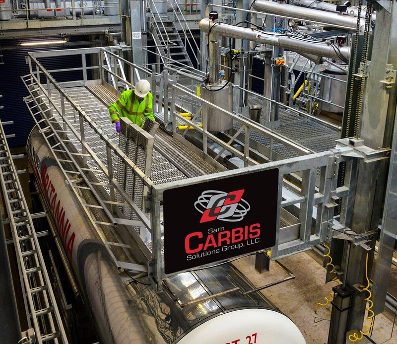 The image shows an adjustable work platform being used at a work site