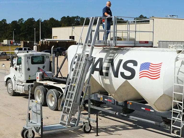 A worker standing on a portable access platform