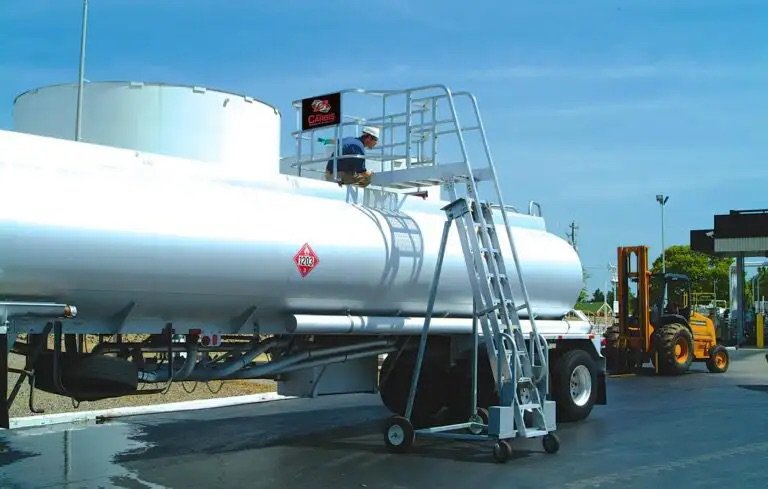 A tanker truck at a loading dock that uses portable access platforms